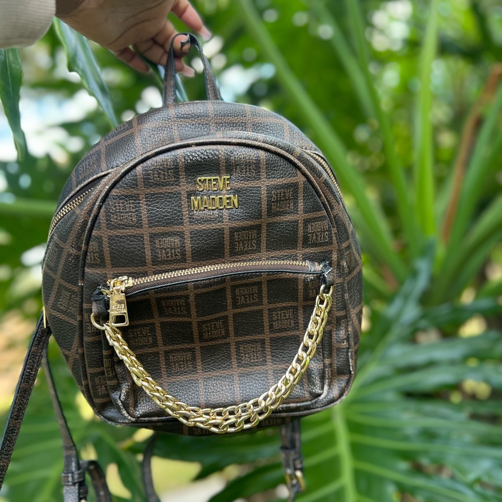 Steve Madden Checkered Brown Backpack with Gold Chain